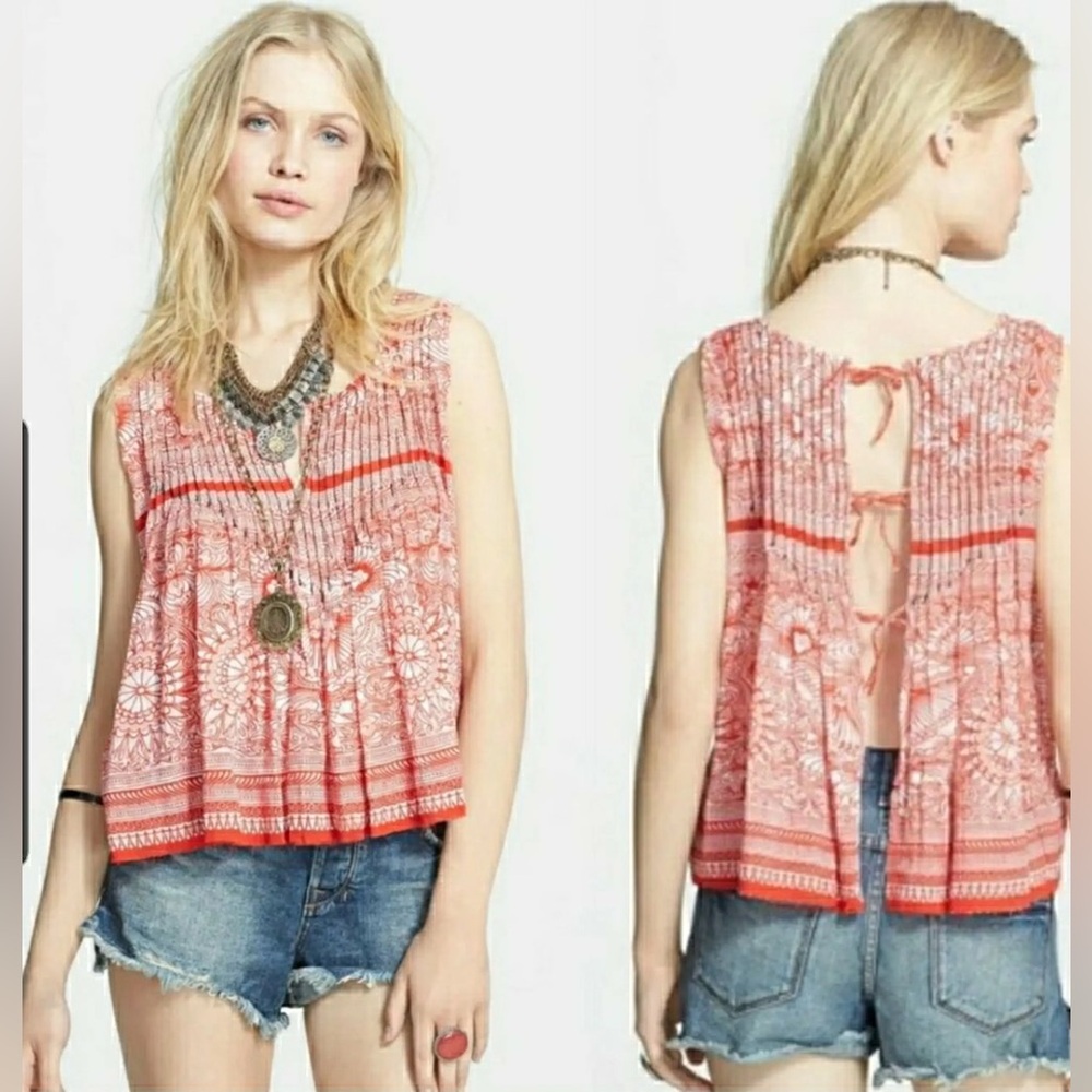 Free People Bow Back Loose Flowy Tank Paisley Boho Red Size M‎